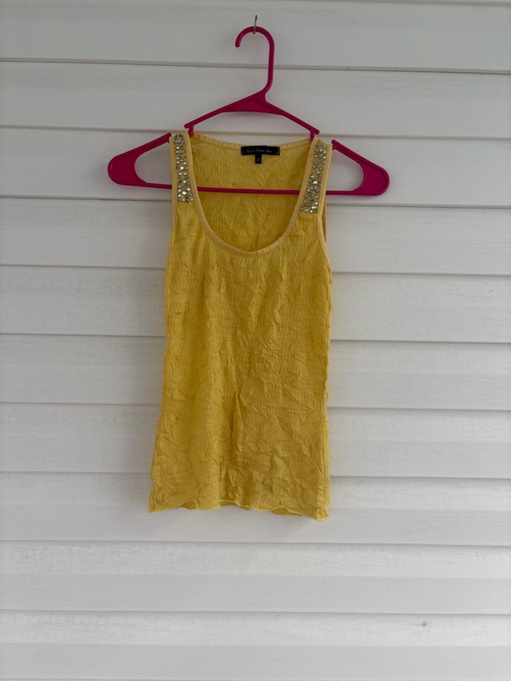 Mustard Crinkle Tank Top Embellished Straps Boho Y2K Festival Made in the USA